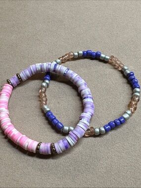 Handmade Pink & Purple Beaded Stretchy Friendship Bracelets - Set of 2